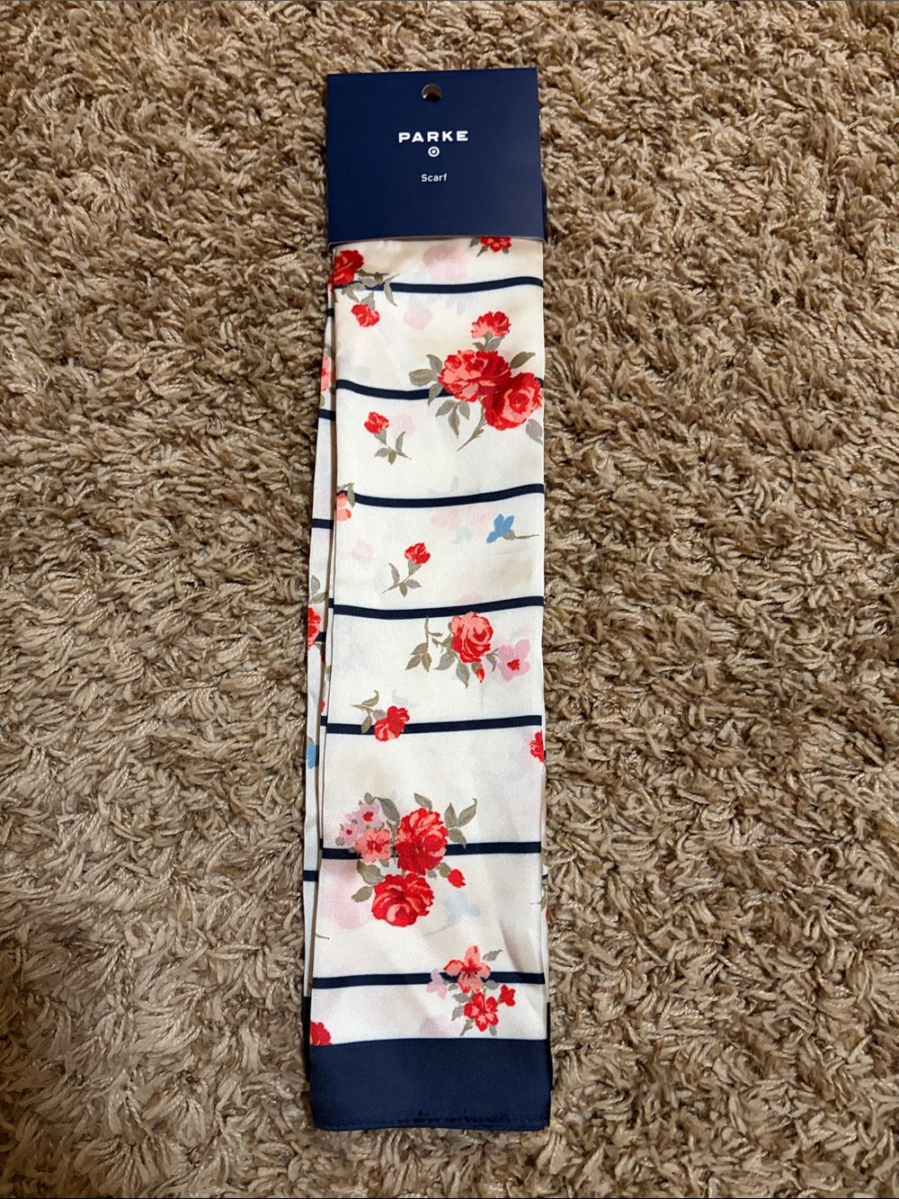Parke Floral Stripe Square Scarf - Ivory with Red Roses